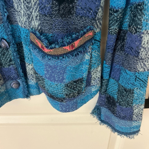 Aldo Martins Blue Patchwork Plaid Shirt Knit Cardigan Fringe Pockets Sz 6 Artsy - Picture 4 of 7